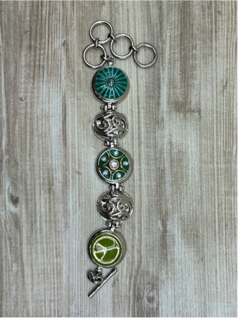 Unique Silver-Tone Snap Charm Bracelet - Green Peace & Medallion Design